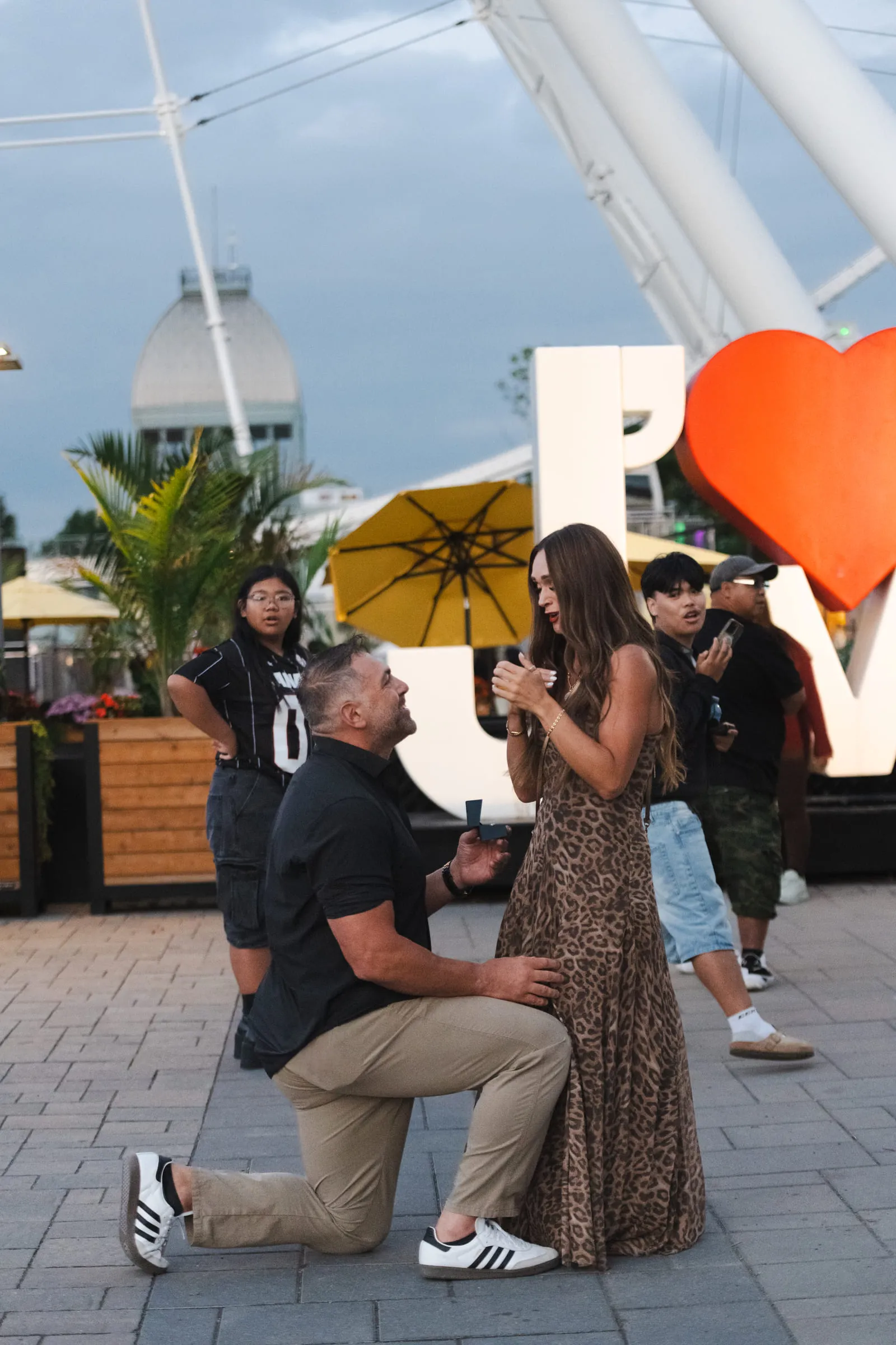 He kneels holding the ring while she raises her hands to her face